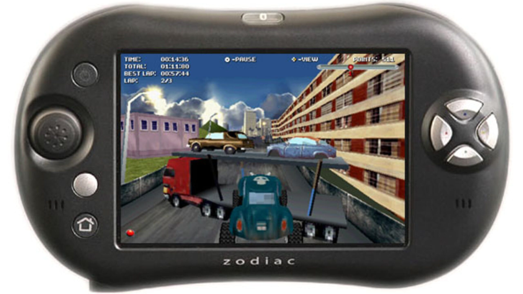 The Tapwave Zodiac showing a driving game on its display.