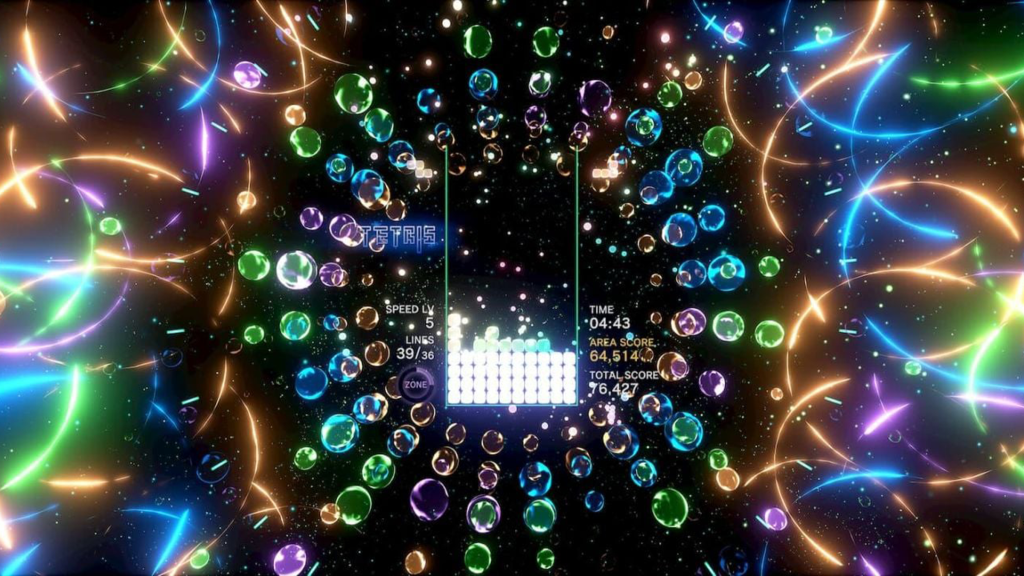 A screenshot from Tetris Effect.