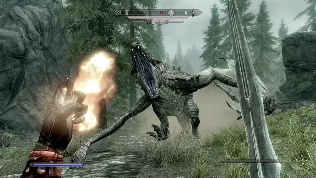 The player fighting a dragon in The Elder Scrolls V Skyrim.