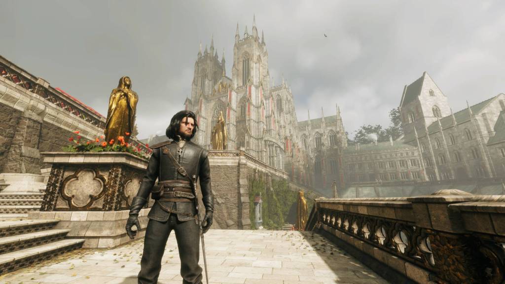 The player standing outside of a giant cathedral in The Inquisitor.