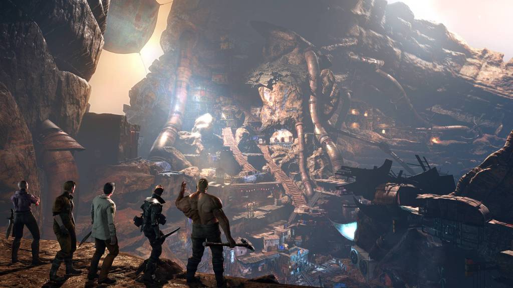 The cast of the Technomancer looking at a distant city.