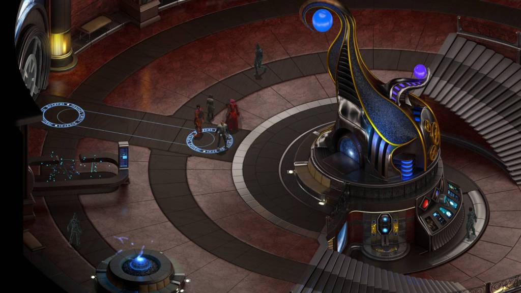Players exploring a large alien room in Torment Tides of Numenera