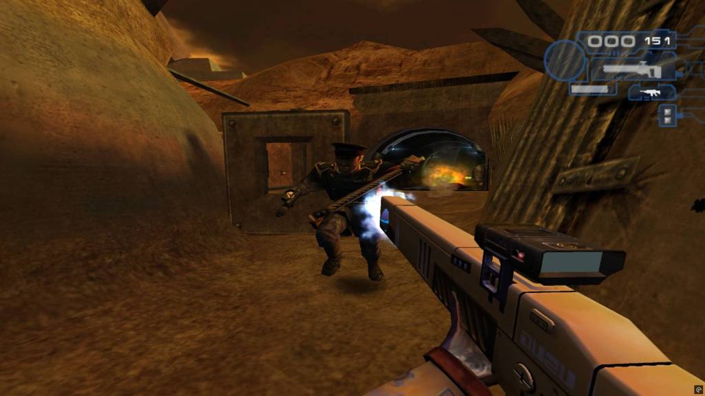 The player shooting an opponent with a rifle in Warhammer 40,000: Fire Warrior.