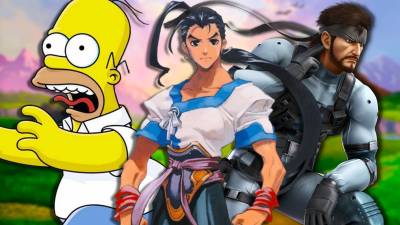 Homer from The Simpsons Hit & Run next to Fei from Xenogears and Snake from Metal Gear Solid.