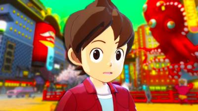 Adam from Yo-kai Watch 4 in front of some gameplay.