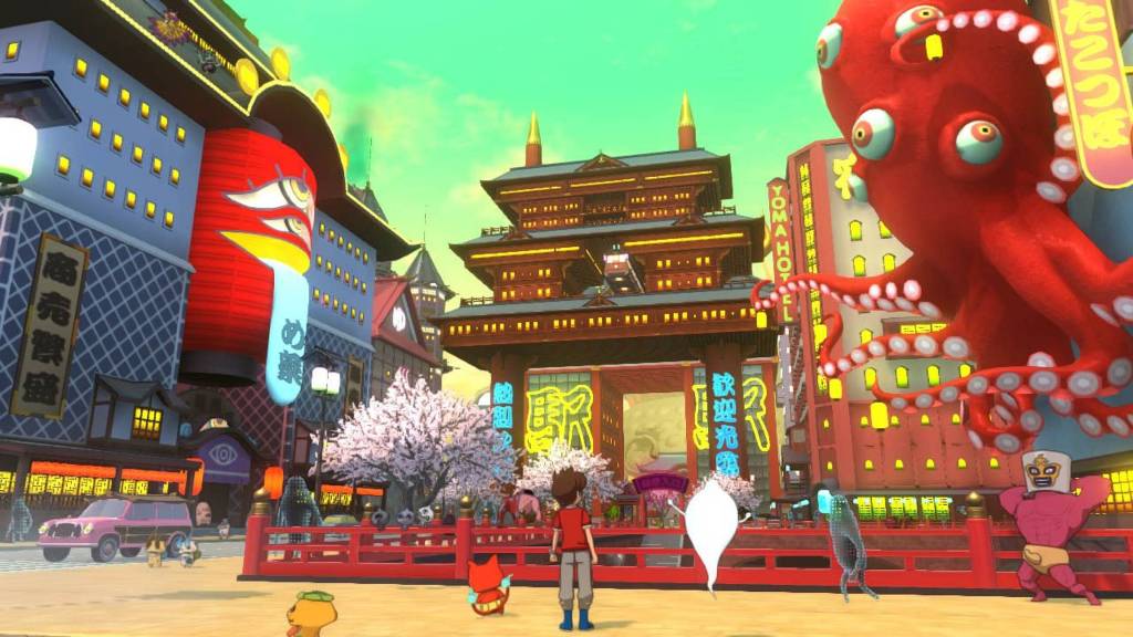 Adam e fantasmas explorando um santuário em Yo-Kai Watch 4.