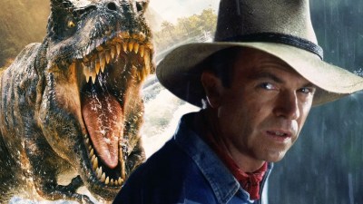 Split image of a roaring dinosaur and Sam Neill in Jurassic Park