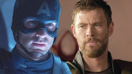 Split image of Chris Evans as Captain America and Chris Hemsworth as Thor in the MCU