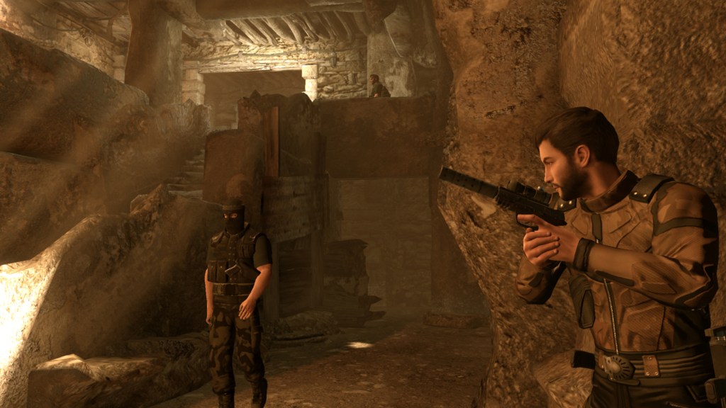 The player hiding behind a wall with a pistol as an enemy approaches in Alpha Protocol.