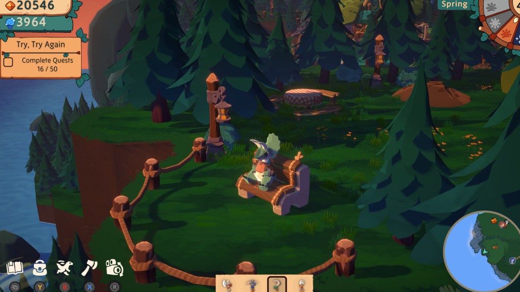 The player sat on a park bench in a forest in Amber Isle.