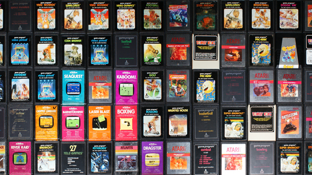 A collection of Atari 2600 video game cartridges.