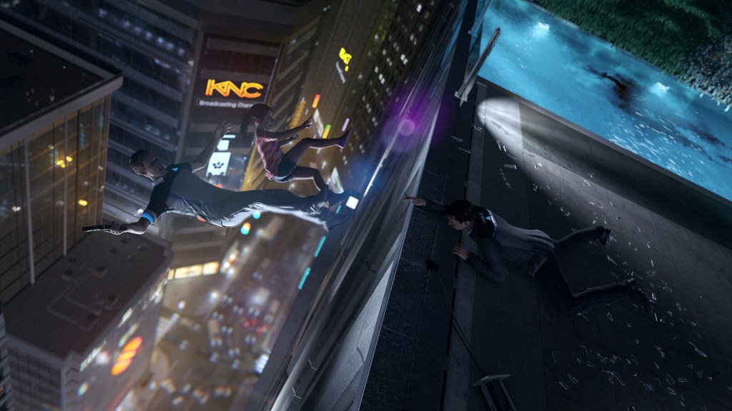 A character reaching for two people who've fallen off a building in Detroit Become Human.