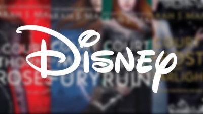 The Disney logo over blurred ACOTAR book covers