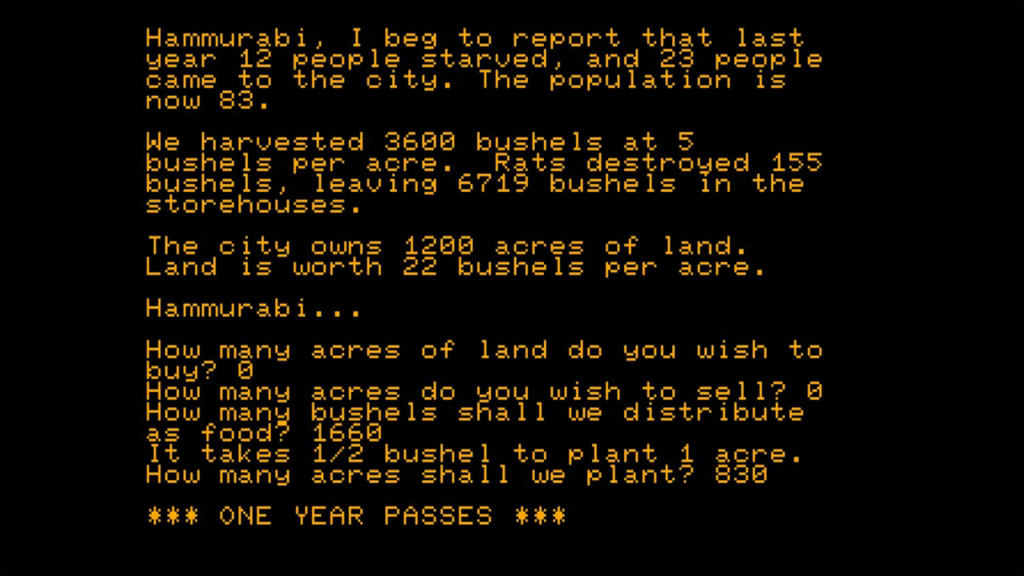 A screenshot from Hamurabi.
