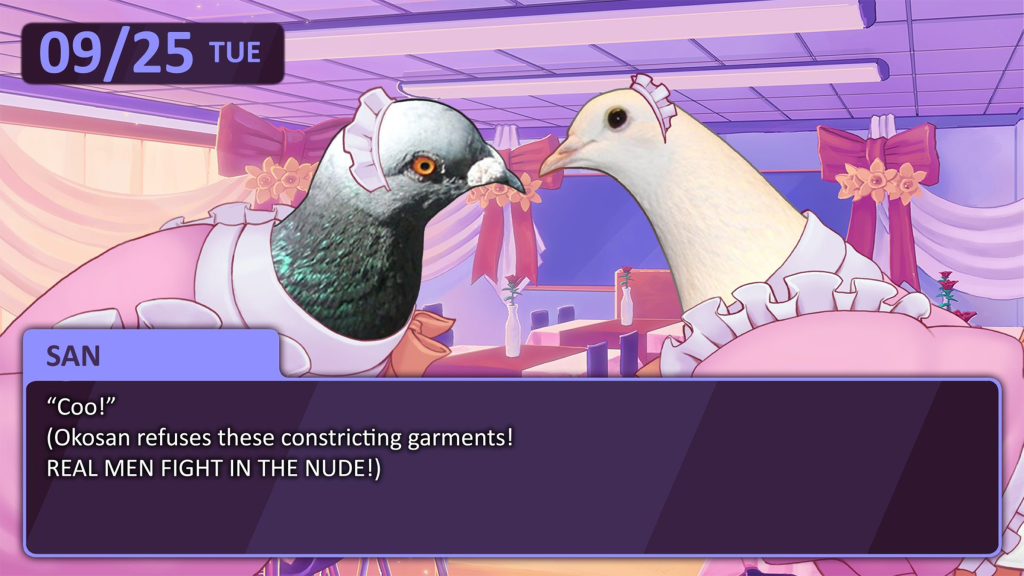 A screenshot from Hatoful Boyfriend.
