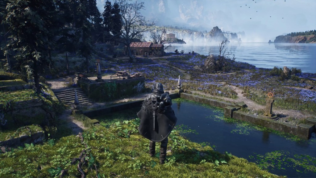 The player exploring a vast field near a lake in Hell Is Us.