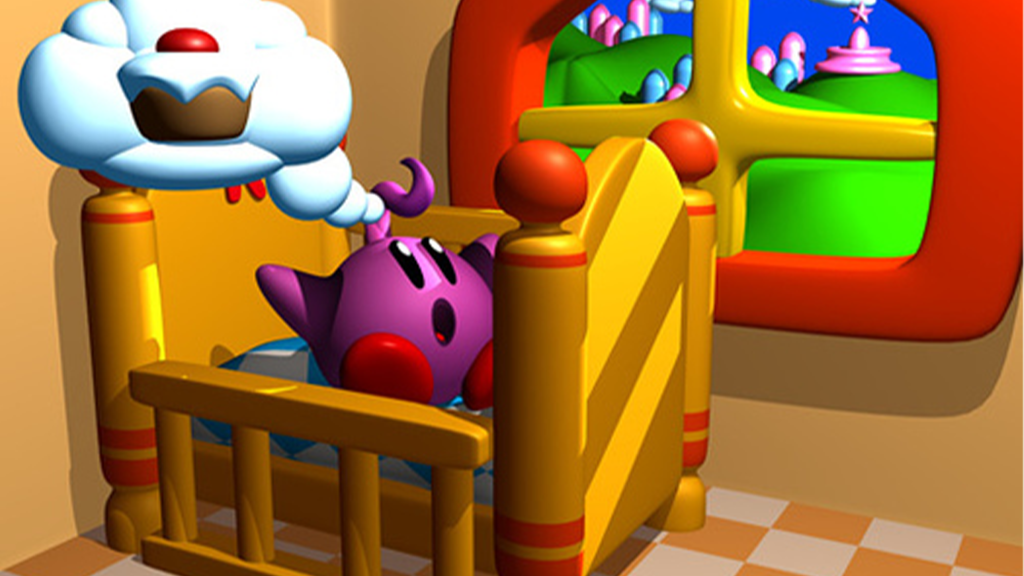 A rendering of baby Kirby waking up in his crib in Kid Kirby.