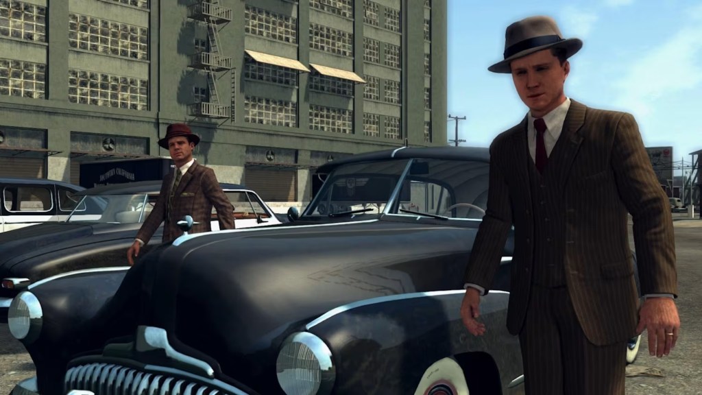 Cole Phelps saindo do carro em L.A. Noire.