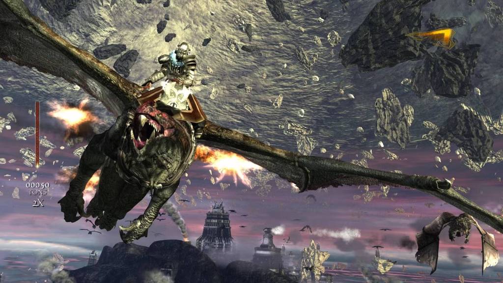 The player riding a dragon through a battlefield in Lair.