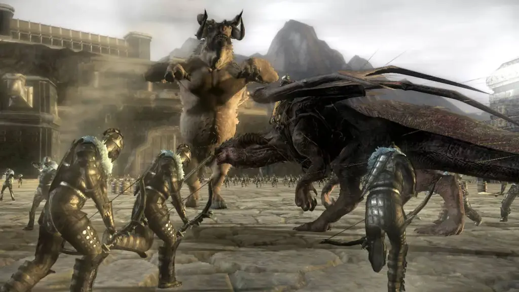 A dragon fighting a minotaur on a bridge in Lair.