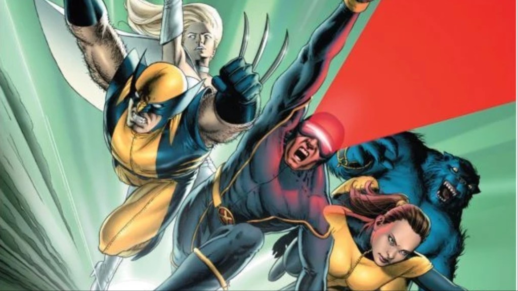 Wolverine, Emma Frost, Cyclops, Beast and Kitty Pryde running into battle