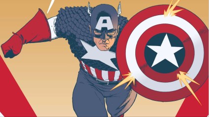 Captain America running forward with his shield out