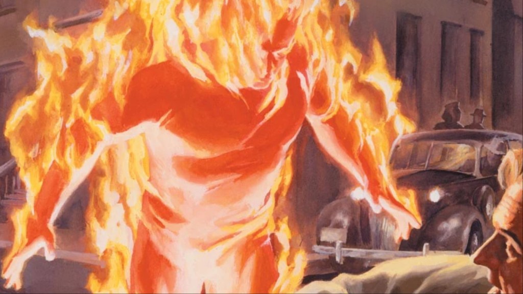 The Golden Age Human Torch going after a bad guy