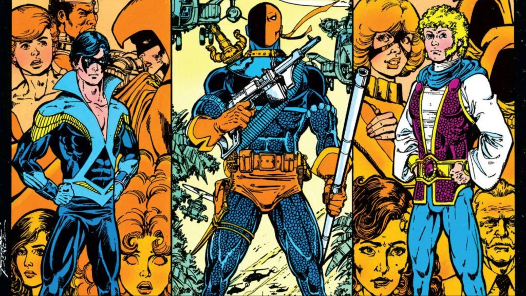 Nightwing, Deathstroke, and Jericho with scenes from the New Teen Titans' lives behind them