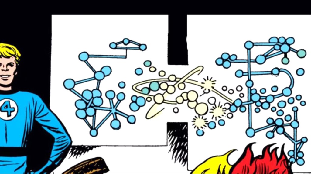 Human Torch standing next to a blackboard with the unstable molecule formula on it
