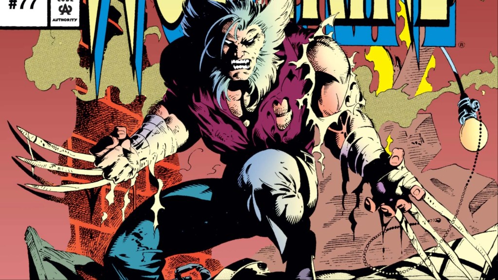 Wolverine brandishing his bone claws in a wrecked room