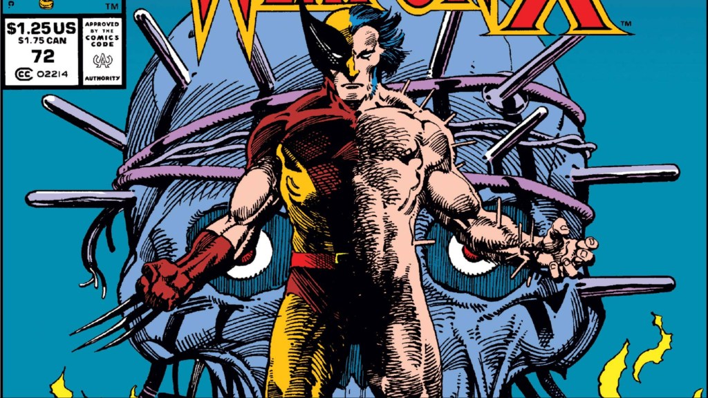 Wolverine in costume and out, with his adamantium bonded skull behind him