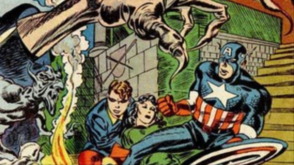 Captain America and Bucky with a woman fighting a monster