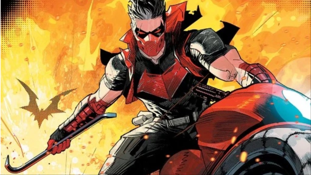 Jason Todd riding a motorcycle, ready to brain someone with a crowbar
