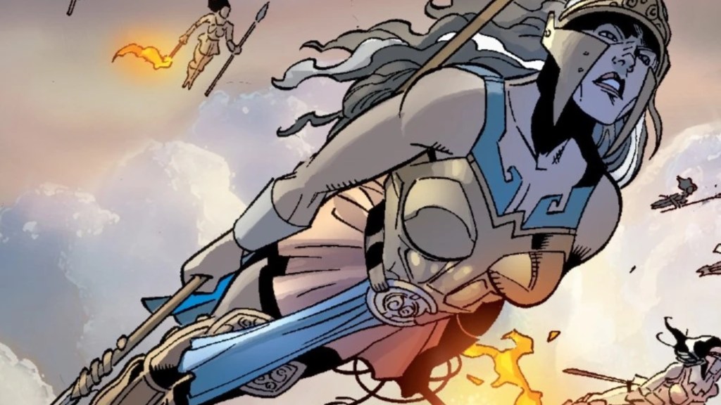 Wonder Woman flying through the air on her way to fighting Superman
