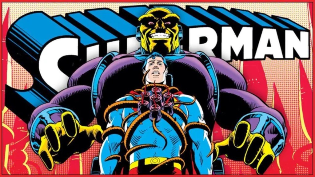 Superman entwined in the Black Mercy with Mongul behind him