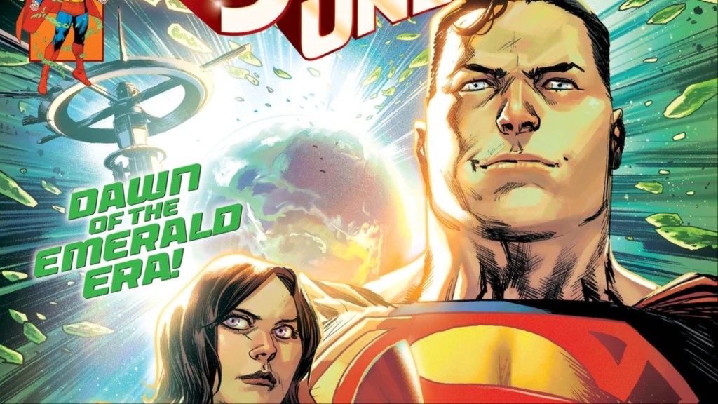 Superman and Lois Lane, with the Justice League Watchtower and the Earth behind them