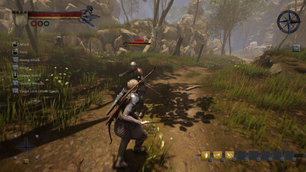 The player fighting an enemy in a forest in Of Ash And Steel.