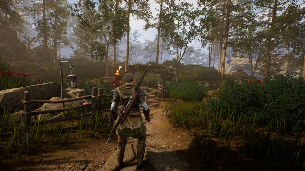 The player exploring a forest in Of Ash And Steel.