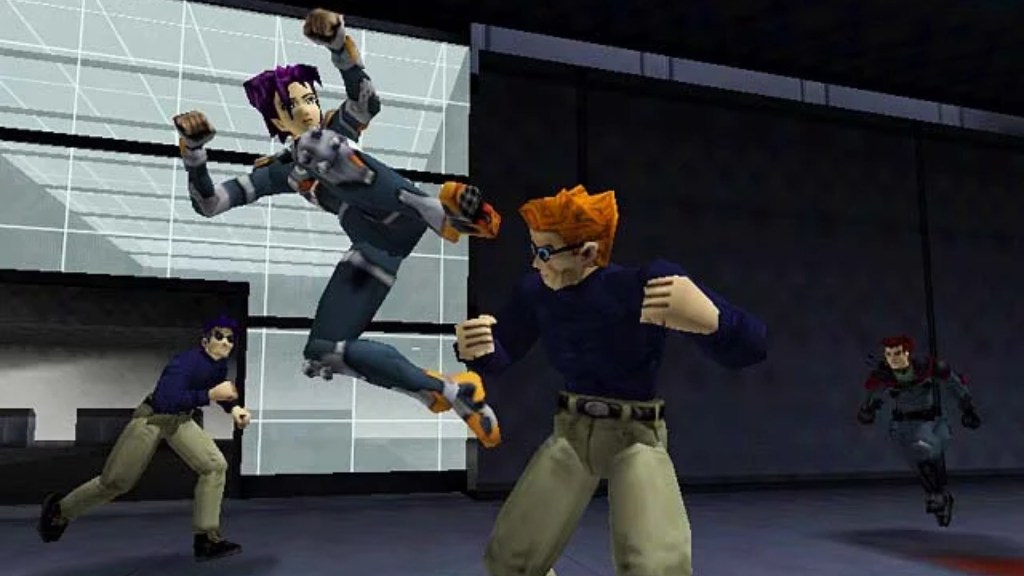 The protagonist of Oni kicking an enemy.