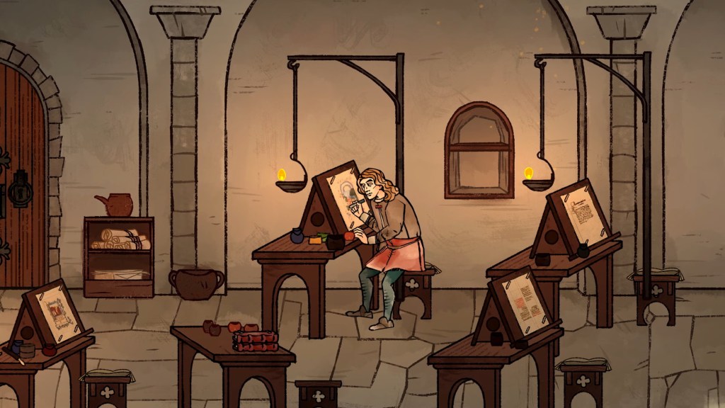 The player writing at a desk in Pentiment.