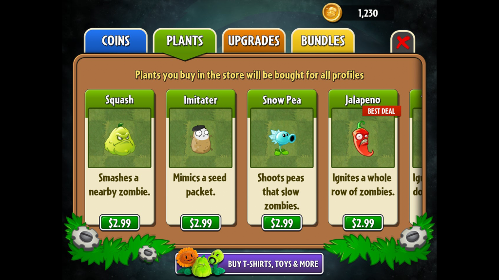 The Plant purchase screen in Plants vs. Zombies 2.