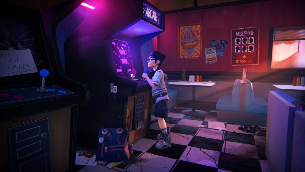 A character playing on an arcade machine in Road 96.