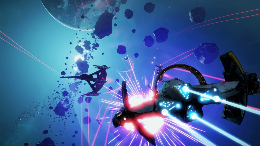 The player battling an enemy in space in Starlink: Battle for Atlas.