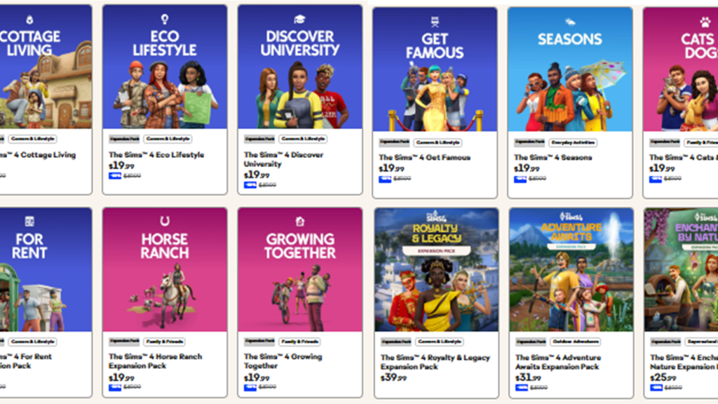The Sims 4 DLC arranged in two rows, showing a variety of options.