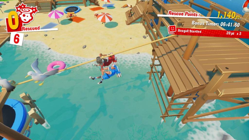 Two players going down a zipline in The Stretchers.
