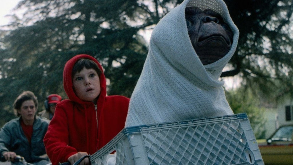 E.T. in the basket of Elliott's bike in E.T. the Extra-Terrestrial