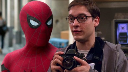 Split image of Tom Holland as Spider-Man and Tobey Maguire as Peter Parker