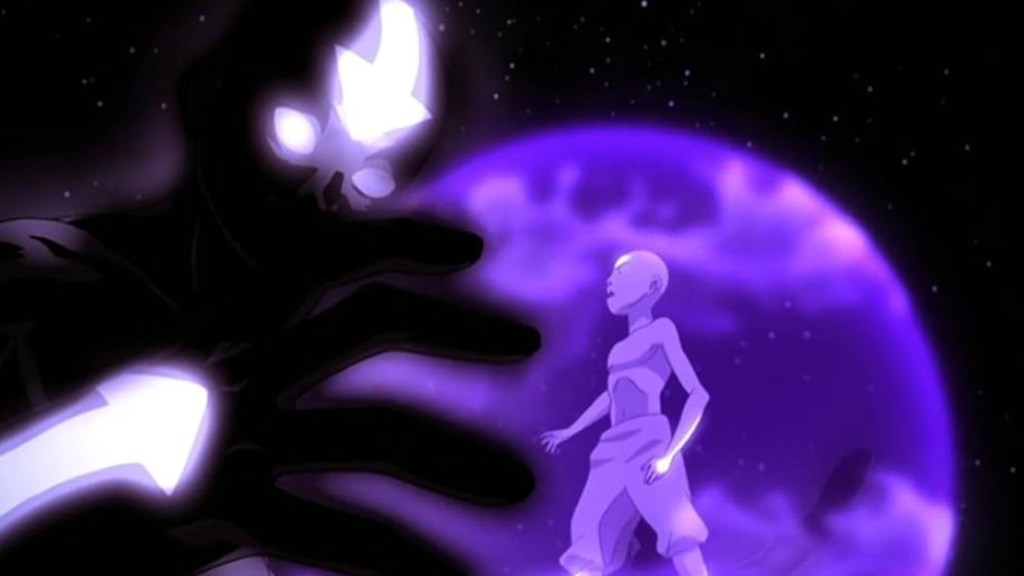 Aang in a purple ball held by the Avatar State in Avatar: The Last Airbender's "The Guru"