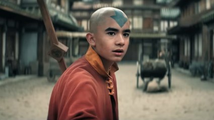 Aang looking serious in Netflix's live-action Avatar: The Last Airbender Season 2