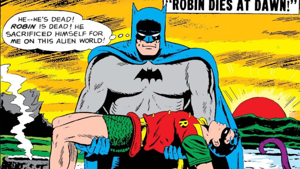 Batman holds dead Robin on Alien Planet Silver Age